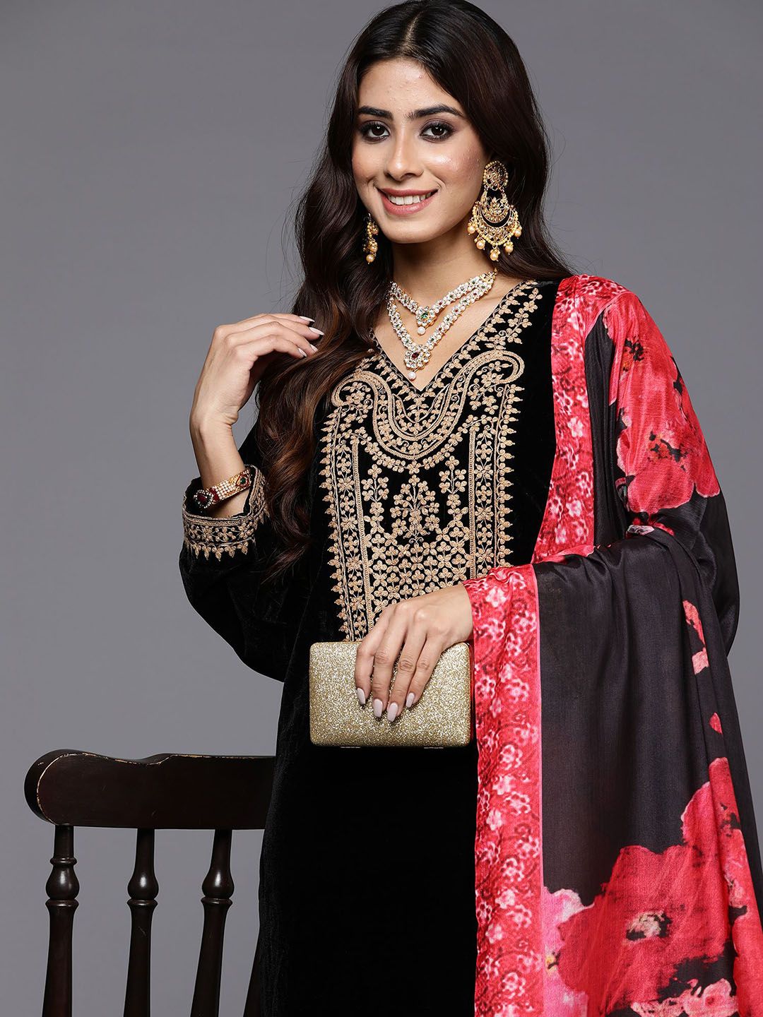 Floral Yoke Design Sequinned Velvet Straight Kurta With Trousers & Dupatta