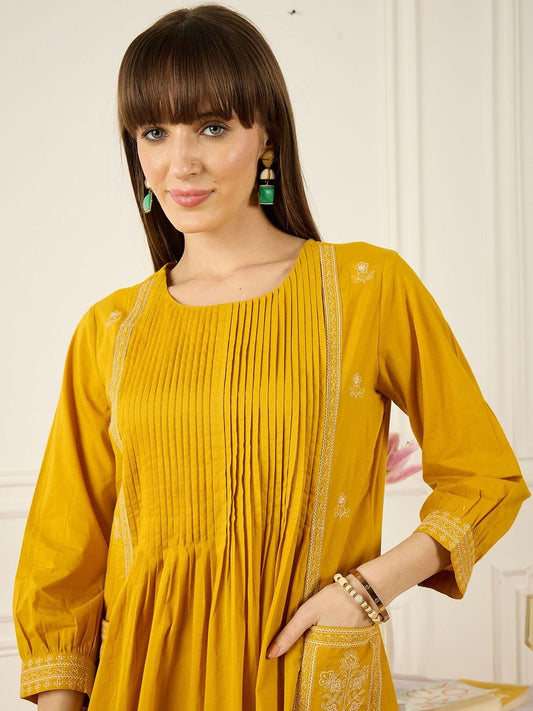 Flral Embroidered Pleated Thread Work Pure Cotton A-Line Kurta With Trousers