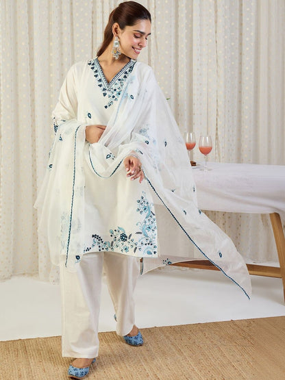 Women Ethnic Motifs Embroidered Thread Work Kurta with Palazzos & With Dupatta