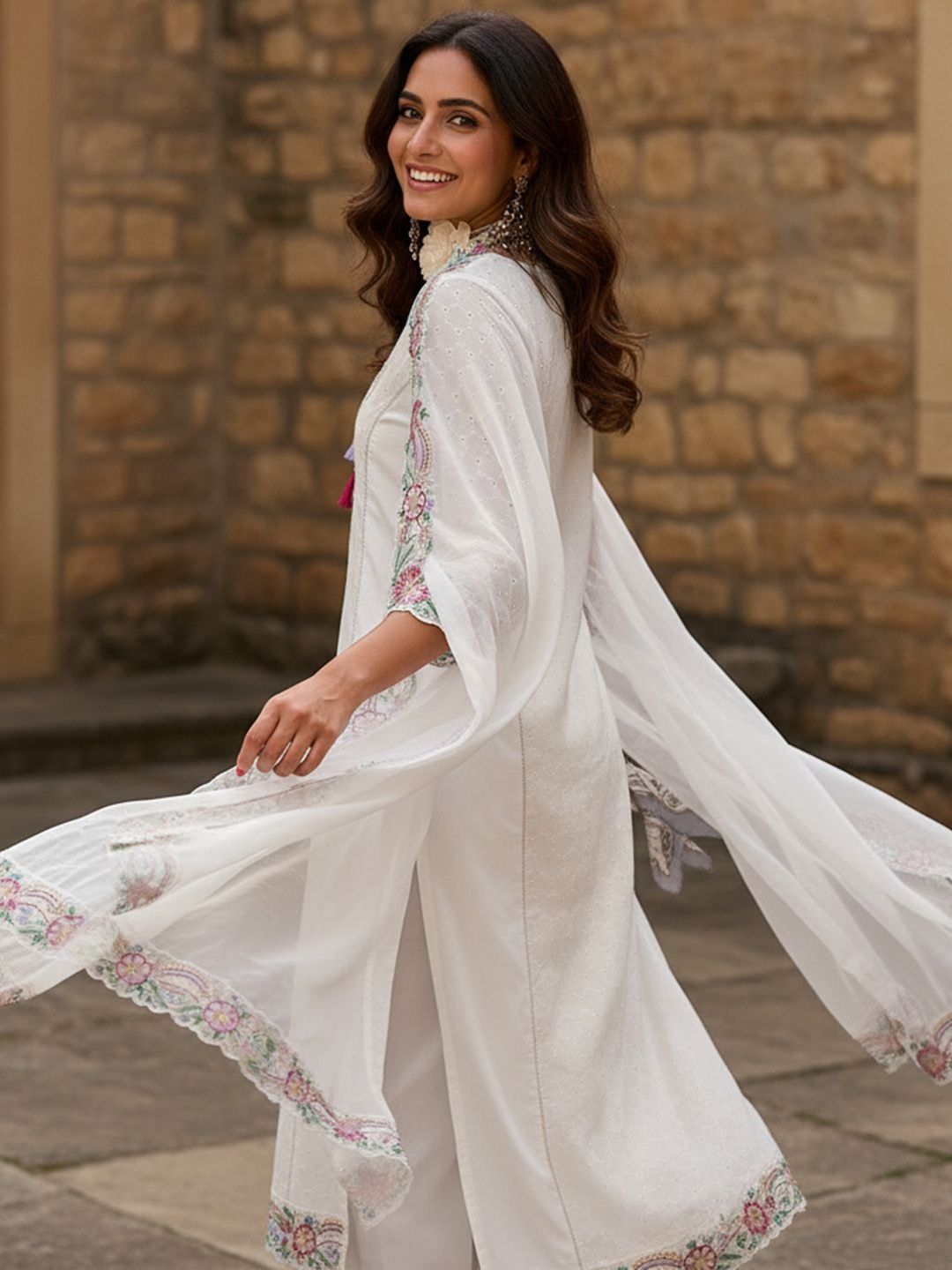 Floral Embroidered Thread Work Pure Cotton Straight Kurta With Trousers & Dupatta