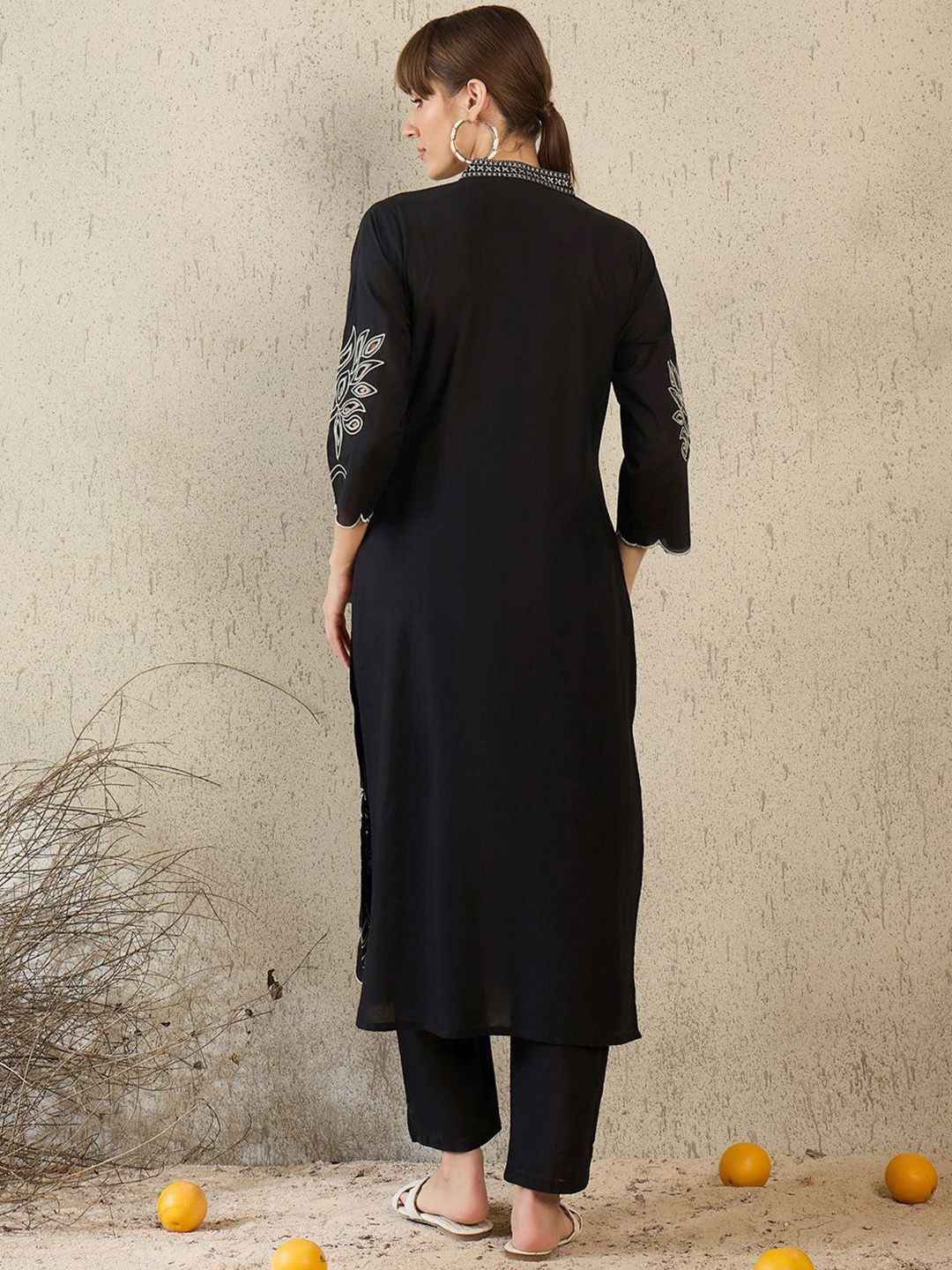 Dhiyona IE Women Embroidered V-Neck Cotton Top and Trousers Co-Ords