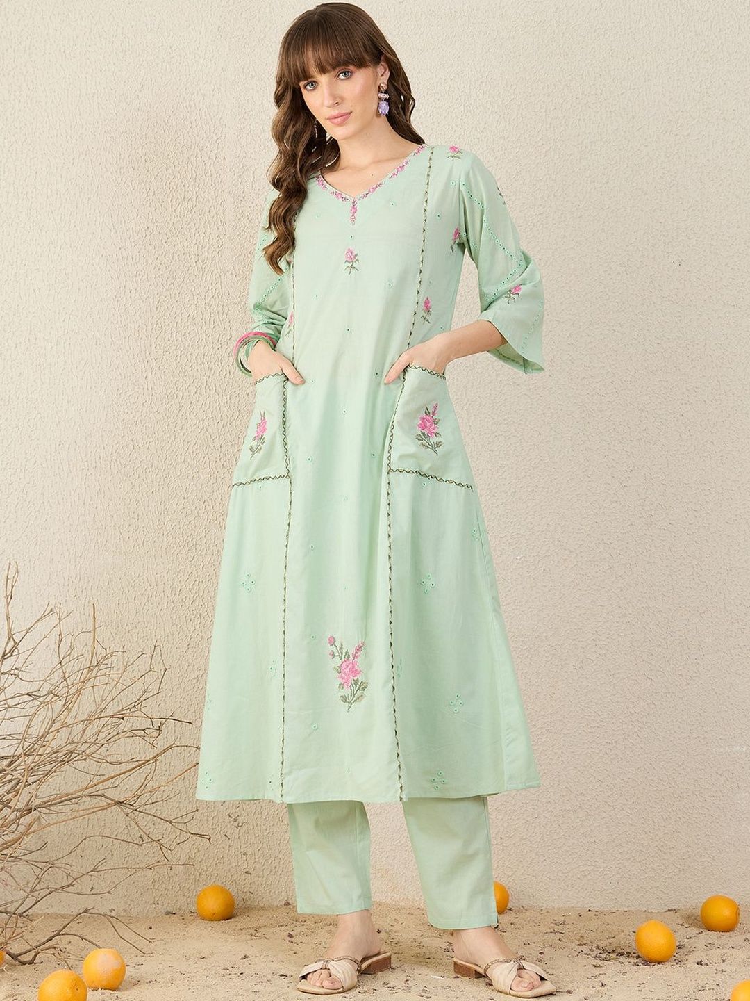 Dhiyona IE Women Embroidered Beads and Stones Pure Cotton Kurta with Trousers