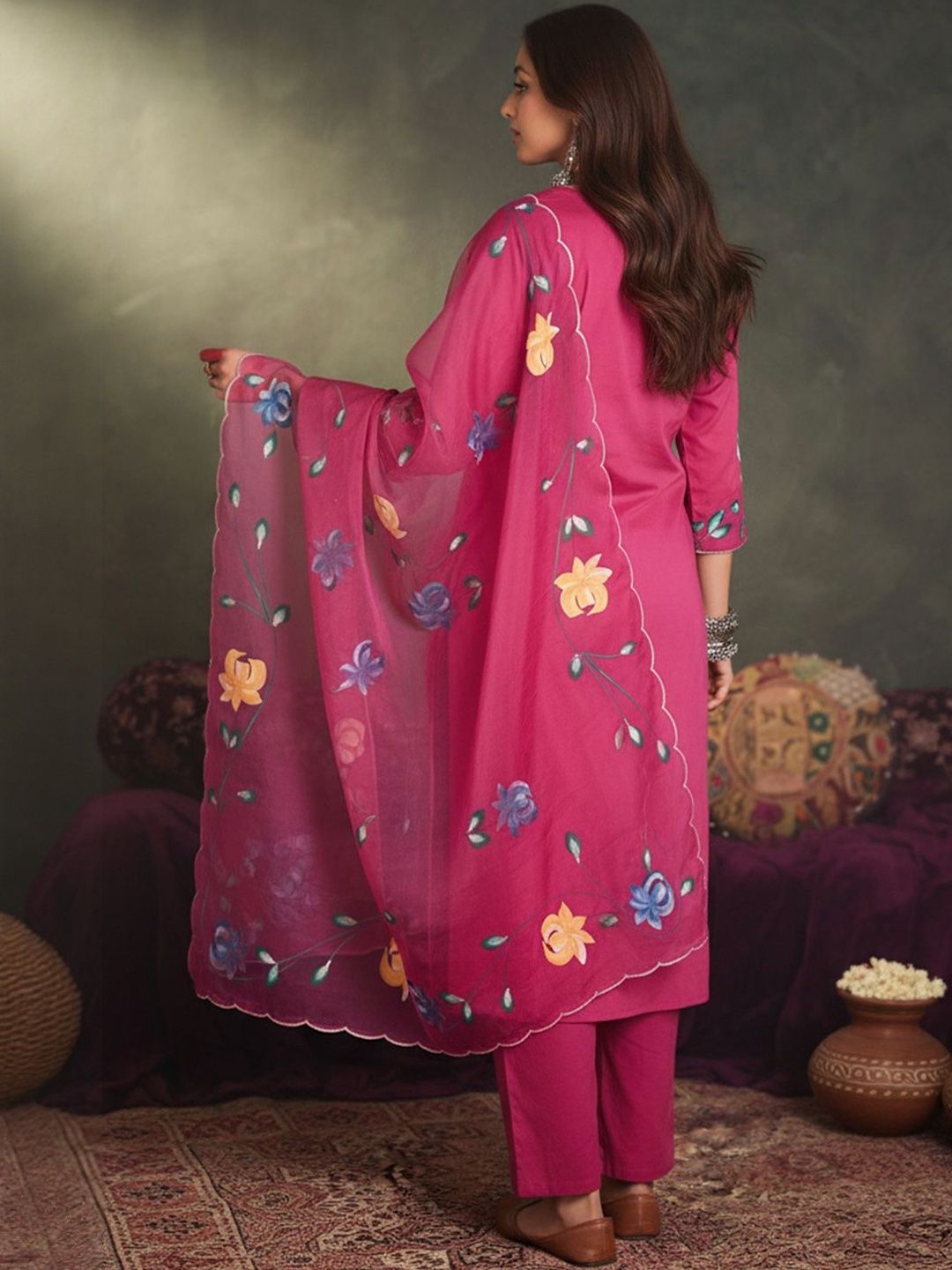 Floral Printed Sraight Thread Work Pure Cotton Kurta With Trousers & Dupatta