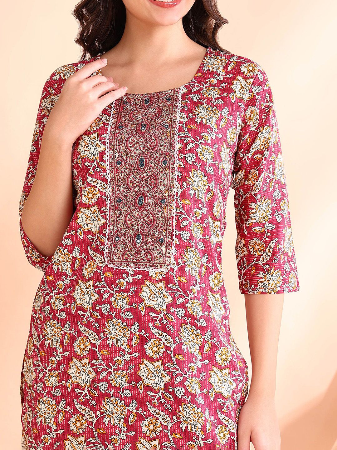 Dhiyona OD  Printed Mirror Work Pure Cotton Kurta With Trousers & Dupatta