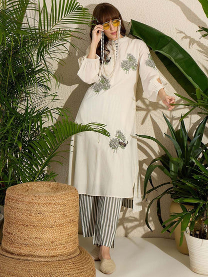 Dhiyona IE Floral Embroidered Mandarin Collar Straight Pure Cotton Tunic With Trouser