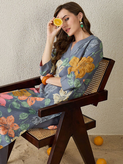 Women Grey Floral Printed Regular Pure Cotton Straight Kurta with Trousers