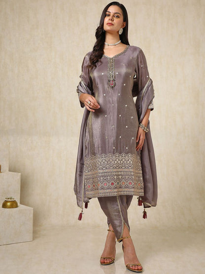 Dhiyona SO Women's Ethnic Motifs Embroidered Sequinned Straight Kurta with Dhoti Pants & Dupatta