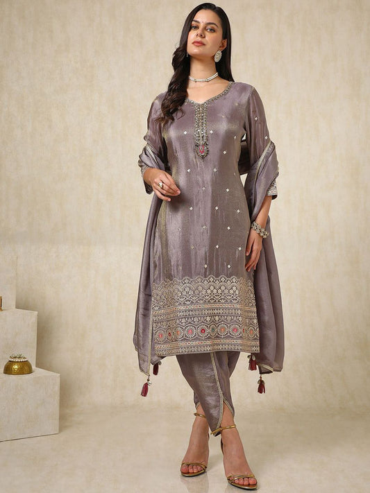 Dhiyona SO Women's Ethnic Motifs Embroidered Sequinned Straight Kurta with Dhoti Pants & Dupatta
