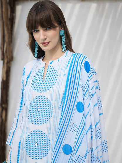 Women Geometric Dyed Cotton Kurta with Trouser & Dupatta