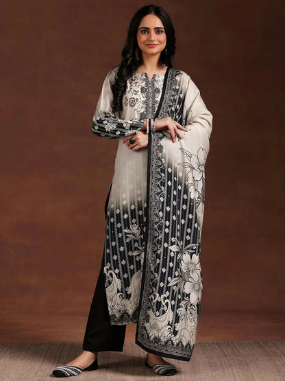 Women's LB Monochrome Printed Silk Blend Straight Suit With Dupatta