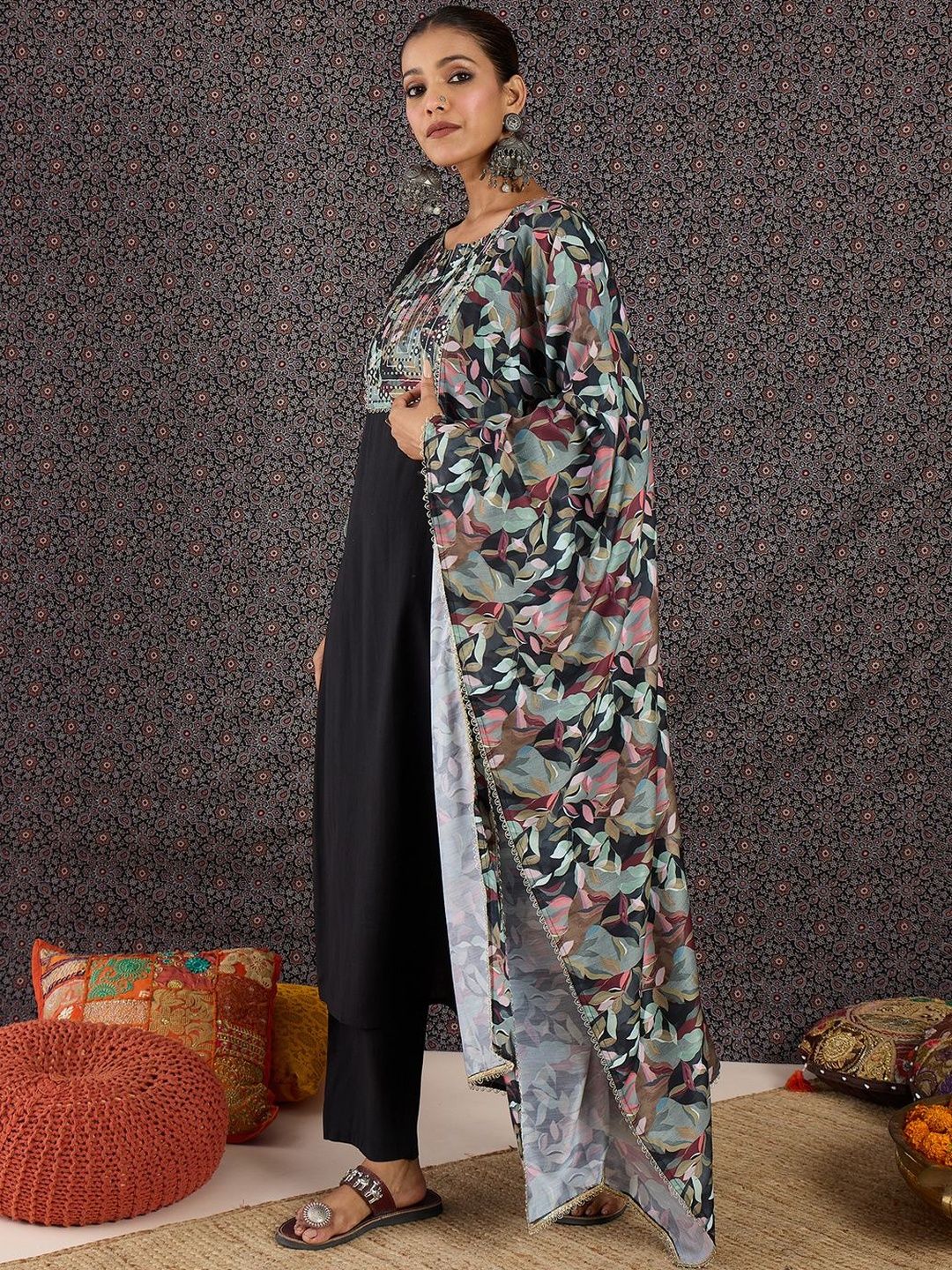 Women Floral Embroidered Regular Mirror Work Kurta with Trousers & With Dupatta