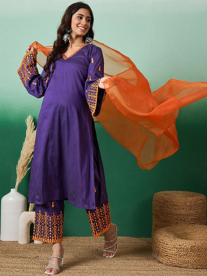 Dhiyona SN Women's Embroidered Striaght Kurta With Pant & Dupatta