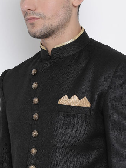 Men's Black Polyester Lurex Blend Straight Sherwani Set