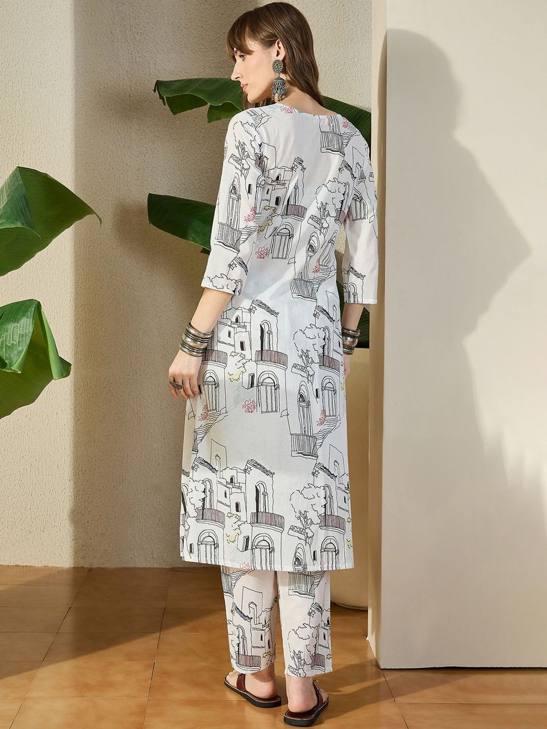 Women White Printed Regular V-Neck A-Line Pure Cotton Kurta Sets