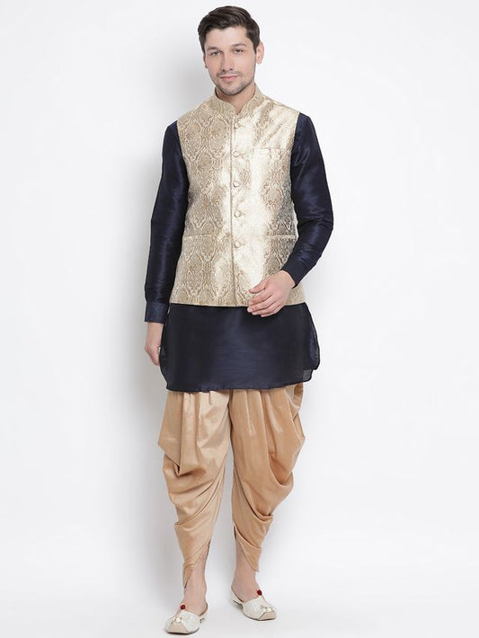 Men's Dark Blue Silk Blend Straight Jacket  Kurta and Dhoti Set