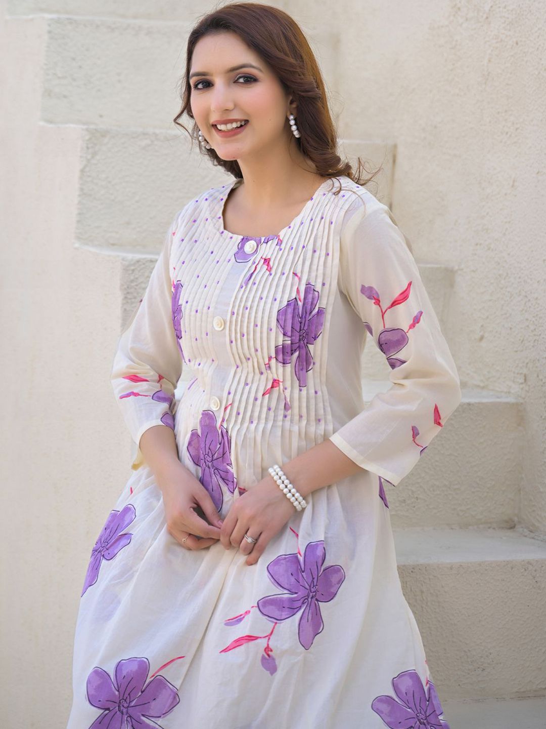 Floral Printed Round Neck Pleated Pure Cotton A-Line Kurta With Palazzos