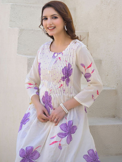 Floral Printed Round Neck Pleated Pure Cotton A-Line Kurta With Palazzos