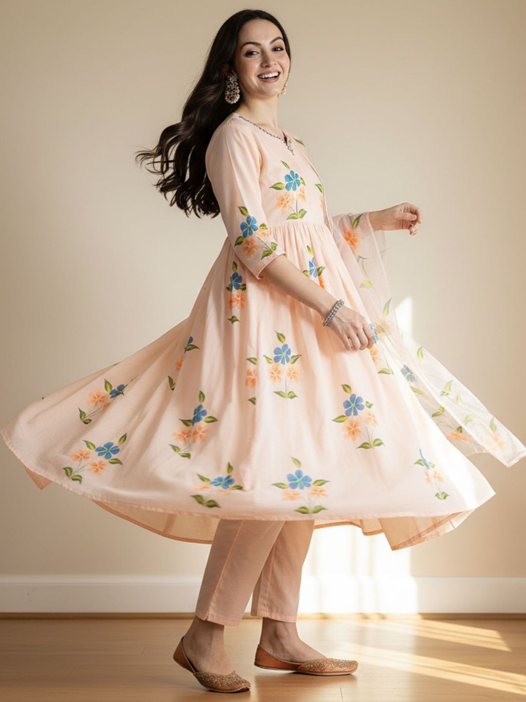 Floral Printed V-Neck Empire Pure Cotton A-Line Kurta With Trousers & Dupatta