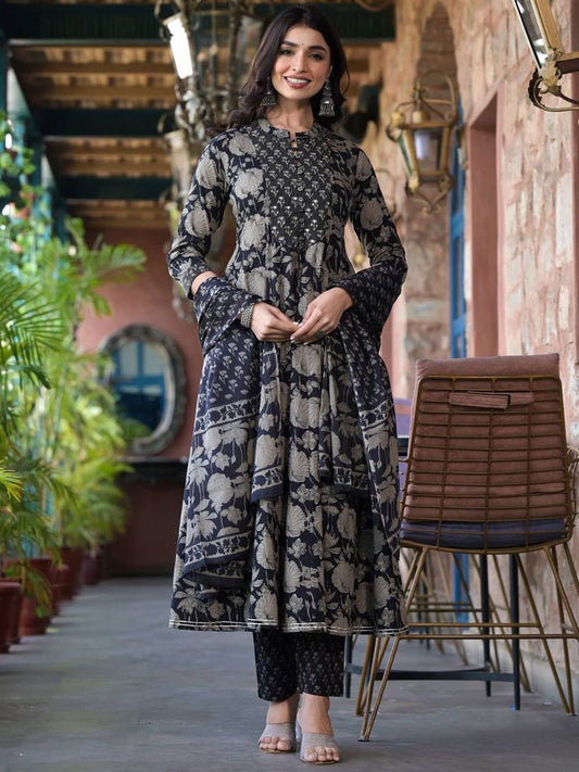 Dhiyona VA Women's Floral Printed Panelled Mirror Work Kurta with Trousers & With Dupatta