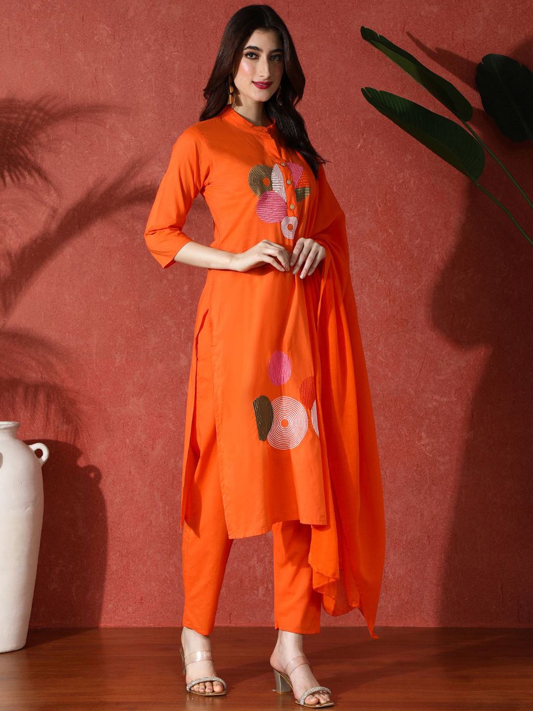 Dhiyona SN Women's Embroidered Pure Cotton Straight Kurta & Trousers With Dupatta
