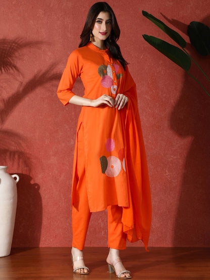 Dhiyona SN Women's Embroidered Pure Cotton Straight Kurta & Trousers With Dupatta
