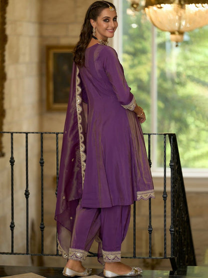 Ethnic Motifs Embroidered A-Line Sequinned Kurta With Trousers & Dupatta