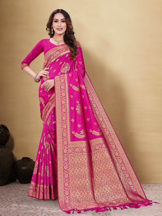 Dhiyona GR Women's Kocham Silk Hot Pink Silk Woven Saree