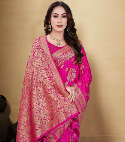 Dhiyona GR Women's Kocham Silk Hot Pink Silk Woven Saree