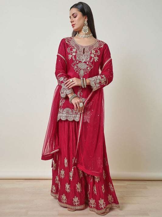 Dhiyona SO Women's Women Ethnic Motifs Embroidered Regular Kurti with Sharara & With Dupatta