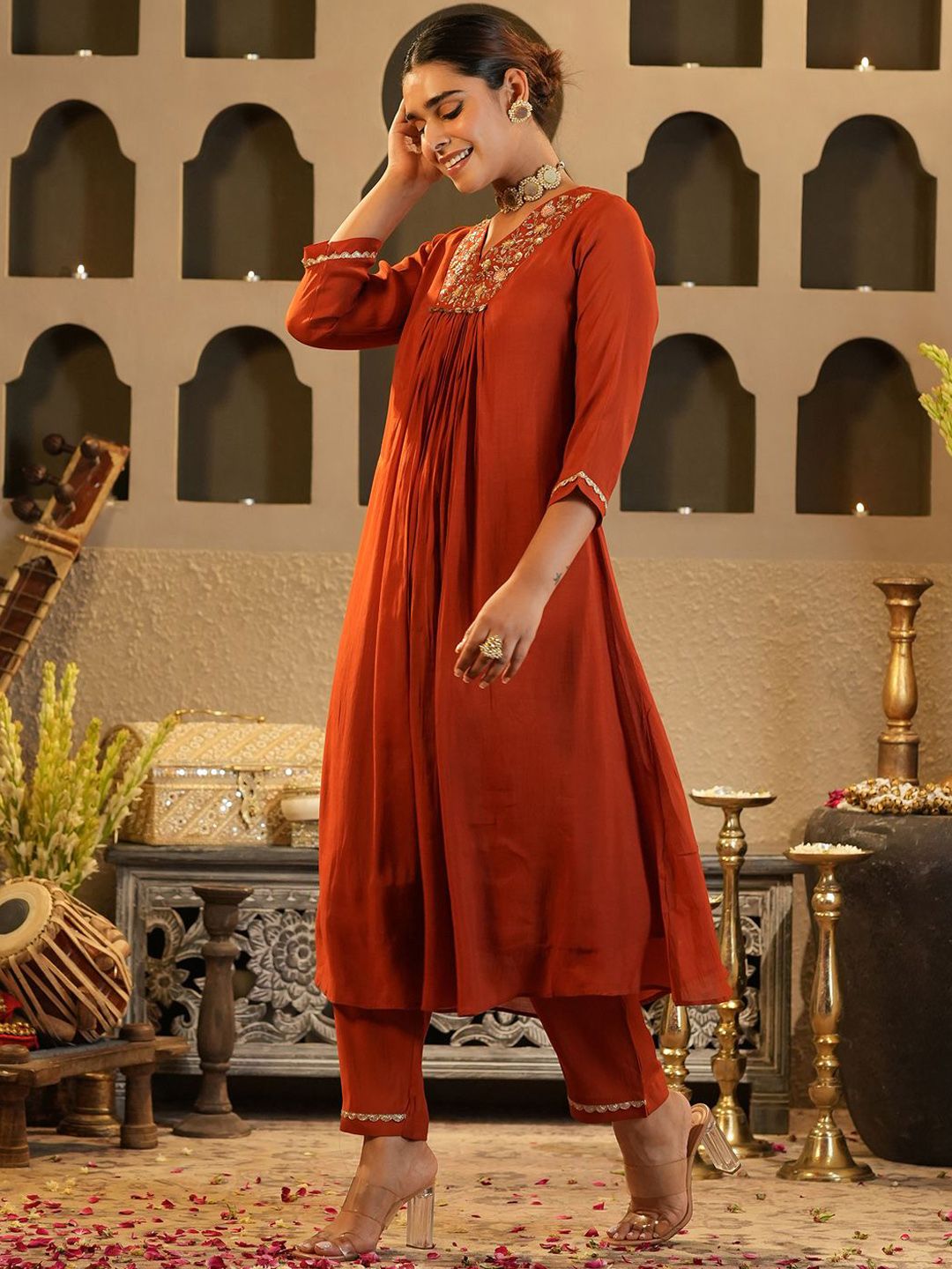 Floral Yoke Design V Neck Zari Chanderi Silk A-Line Kurta & Trousers