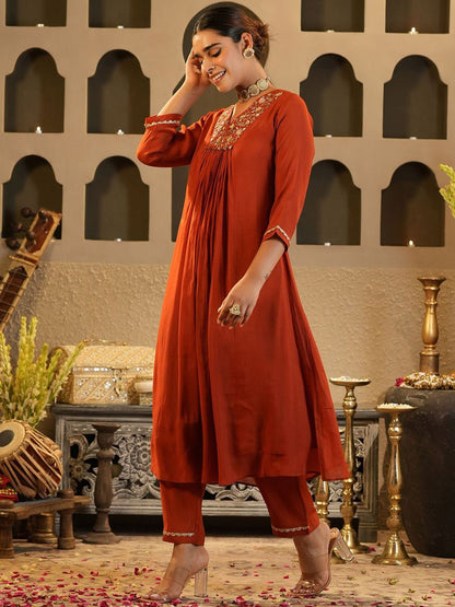 Floral Yoke Design V Neck Zari Chanderi Silk A-Line Kurta & Trousers