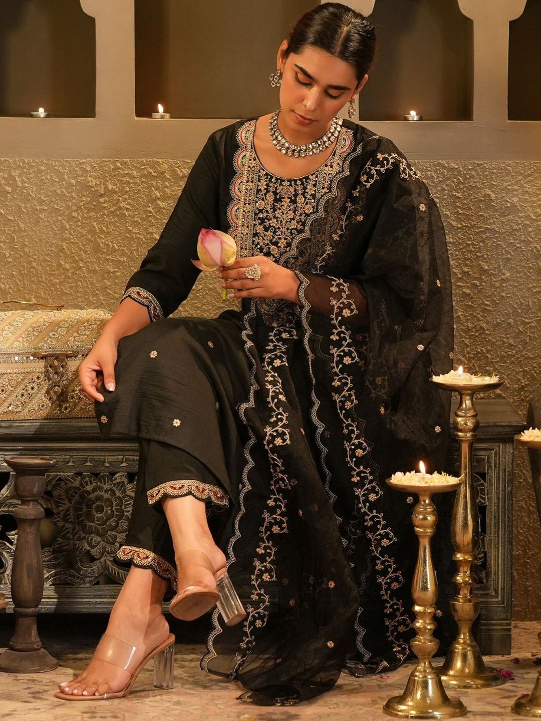 Dhiyona IE Women Ethnic Motifs Embroidered Kurta With Trousers & Dupatta Kurta Sets