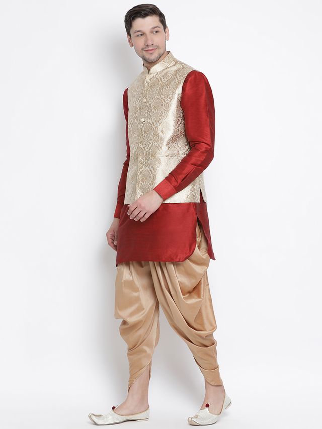 Men's Maroon Silk Blend Straight Jacket  Kurta and Dhoti Set