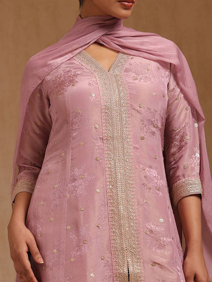 Dhiyona SO Women's Floral Printed V-Neck Sequinned Tissue Straight Kurta With Palazzos & Dupatta