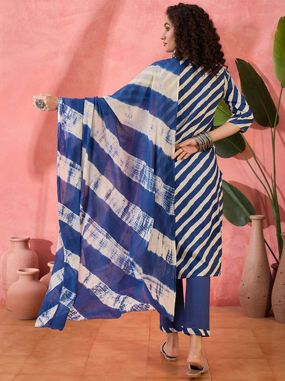 Dhiyona SN Women's Striped Notch Neck Sequinned Pure Cotton Straight Kurta With Trouser & Dupatta