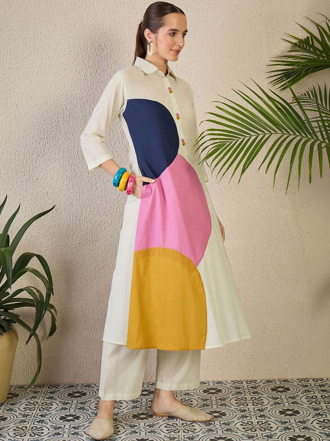 Women Colourblocked Regular Pure Cotton Kurta with Trousers