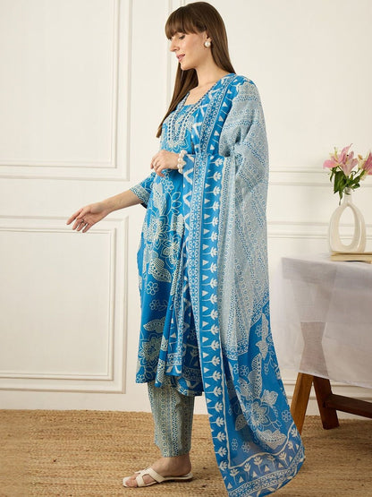 Women Floral Printed Regular Pure Cotton Kurta with Palazzos & With Dupatta