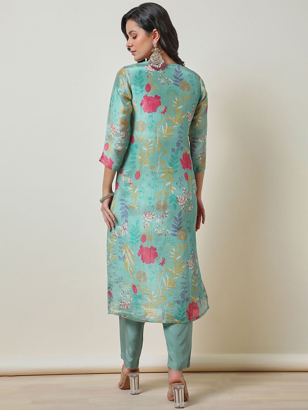 Dhiyona SO Women's Turquoise Blue Floral Printed Mirror Work Yoke Design Straight Kurta With Trousers