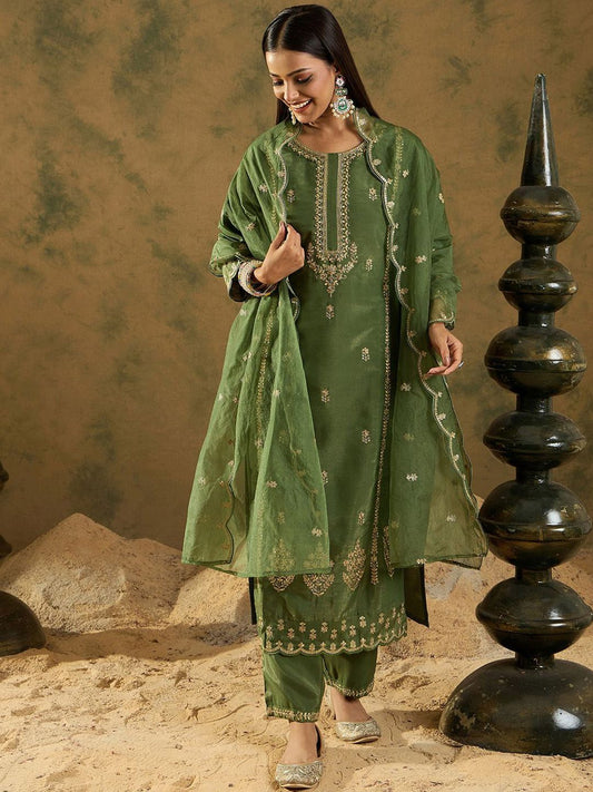 Dhiyona IE Ethnic Motifs Embroidered Gotta Patti Straight Kurta With Trousers & Dupatta