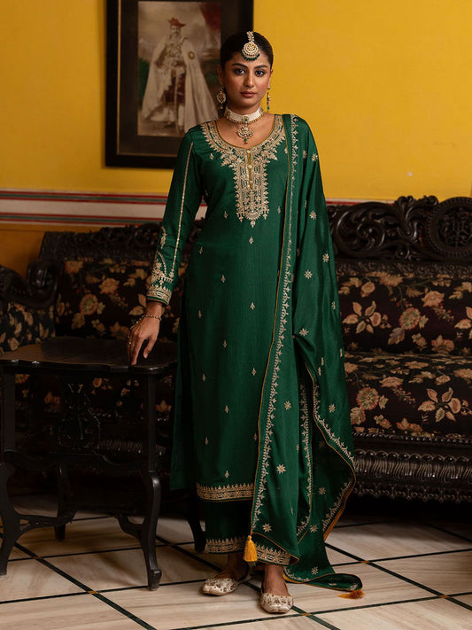 Dhiyona CH Floral Embroidered Sequinned Straight Kurta With Trousers & Dupatta