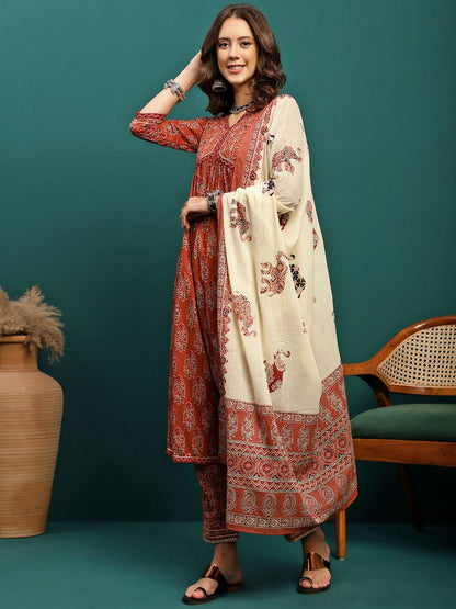 Dhiyona SN Women's Floral Printed Gotta Patti Pure Cotton Anarkali Kurta With Trousers & Dupatta