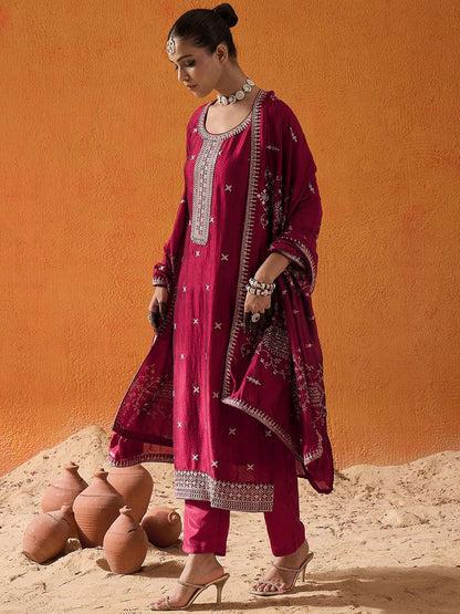 Dhiyona IE Ethnic Motifs Embroidered Thread Work Straight Kurta With Trousers & Dupatta