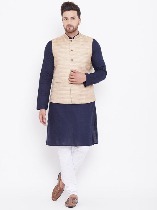 Men's Navy Blue Cotton Blend Straight Jacket  Kurta and Pyjama Set