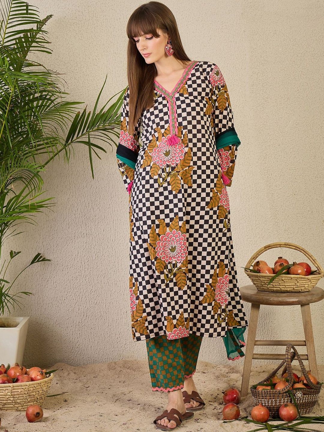 Women Checked Printed Cotton Kurta with Trousers & Dupatta