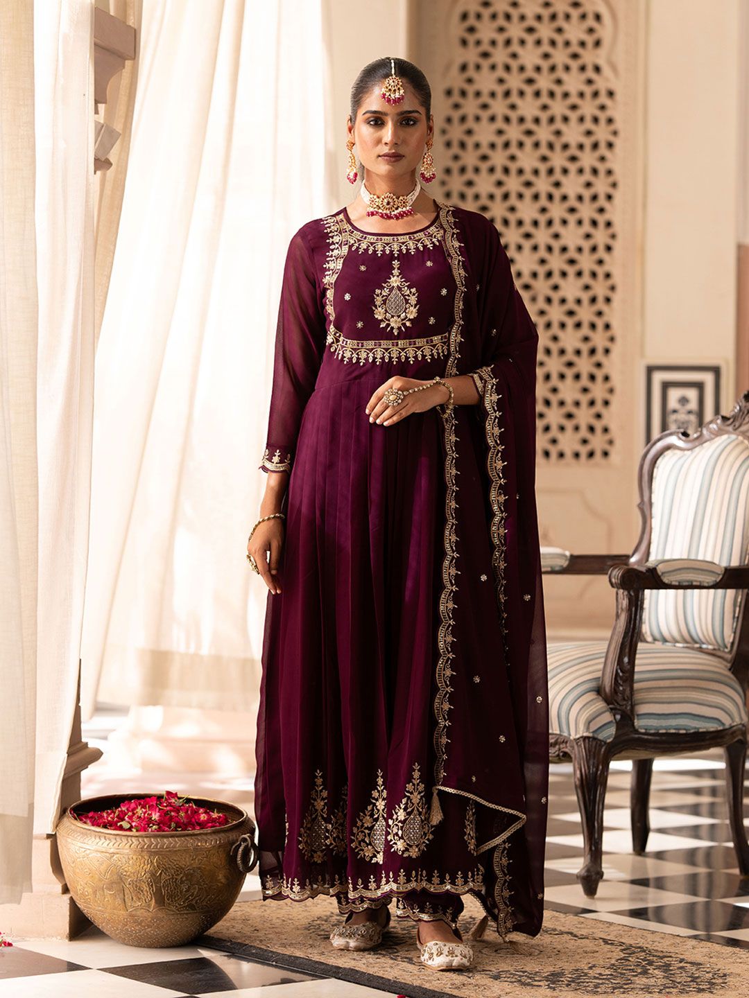 Dhiyona CH Floral Embroidered Mirror Work Georgette Anarkali Kurta with Trousers & Dupatta