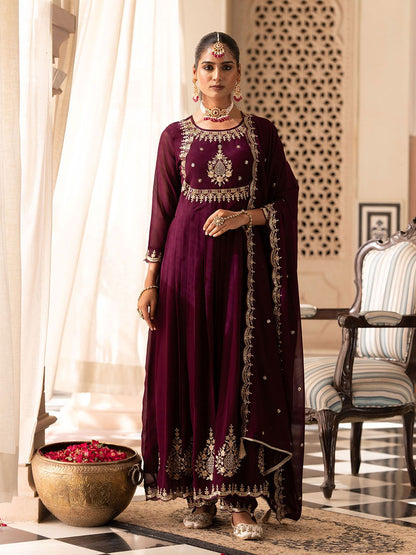 Dhiyona CH Floral Embroidered Mirror Work Georgette Anarkali Kurta with Trousers & Dupatta