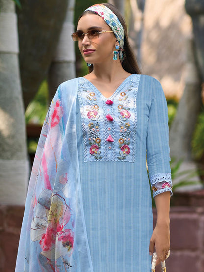 Floral Embroidered Pure Cotton Kurta With Trousers & Dupatta