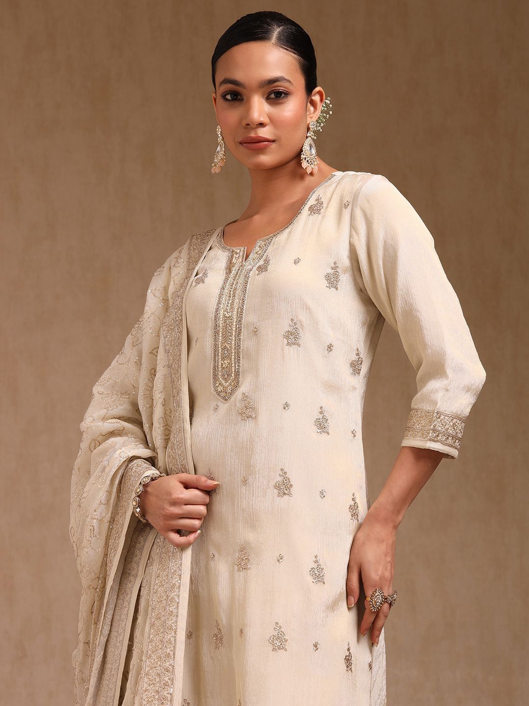 Dhiyona SO Women's Ethnic Motifs Embroidered Notch Neck Sequinned Straight Kurta With Trousers & Dupatta