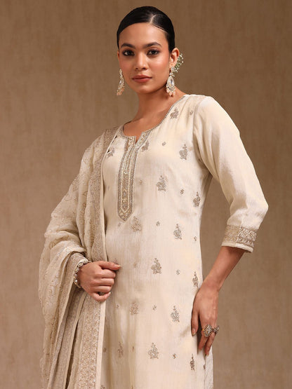 Dhiyona SO Women's Ethnic Motifs Embroidered Notch Neck Sequinned Straight Kurta With Trousers & Dupatta