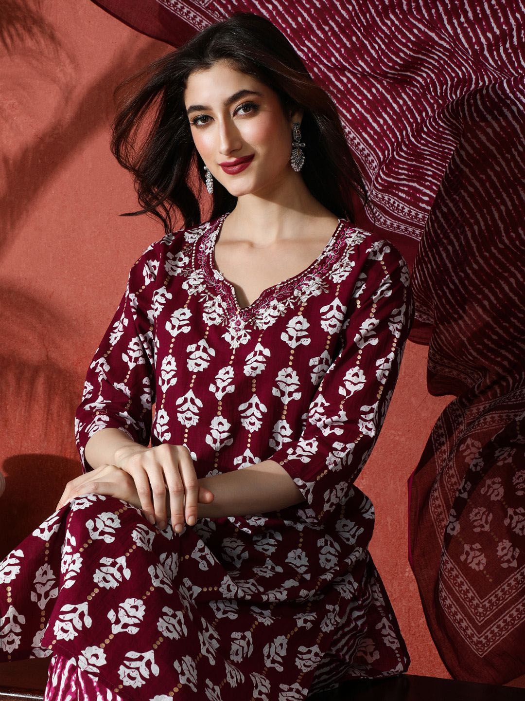 Dhiyona SN Women's Embroidered Pure Cotton Kurta & Trouser With Dupatta